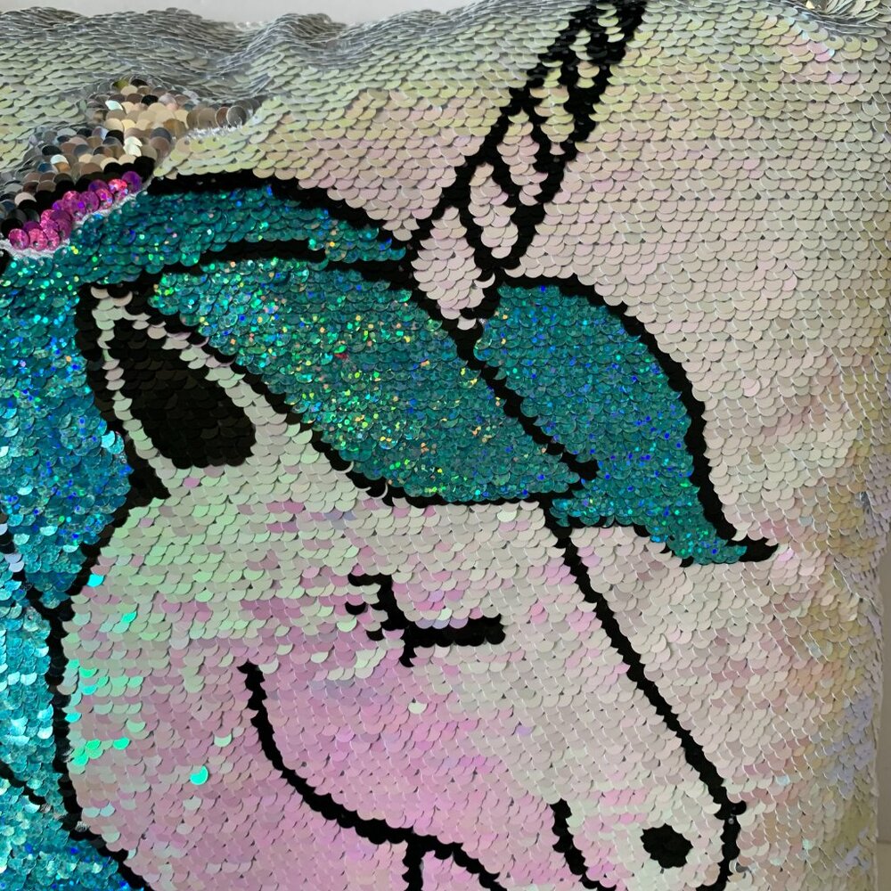 Sparkly Unicorn Pillow Reversible Sequin Pink Purple Plush 16" x 16" - Picture 2 of 7